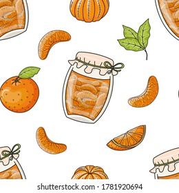 Hand drawn vector seamless pattern with cute fresh oranges and jam jars. Sweet background with homemade dessert for package, wrapping paper, fabric, print, banner, wallpaper, advertising, textile.