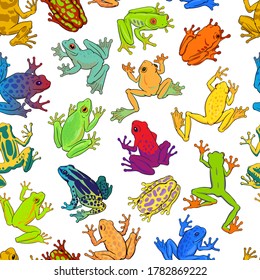 Hand drawn vector of seamless pattern with colorful tree frogs isolated on white background. Original stock illustration of amphibian.