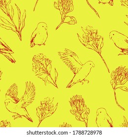 Hand drawn vector seamless pattern of parrots lovebirds and exotic flowers. Realistic birds and plant background. Vintage tropical colorful design for wallpaper, wrap, textile, postcard, print, fabric