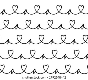 Hand drawn vector seamless pattern. continuous black line with hearts. Template for printing wrapping paper, fabric, poster. Eps 10.