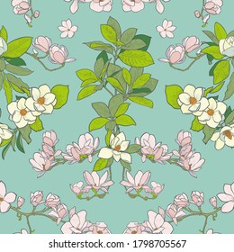 Hand drawn vector seamless pattern  with magnolia flowers. Multicolor floral endless background