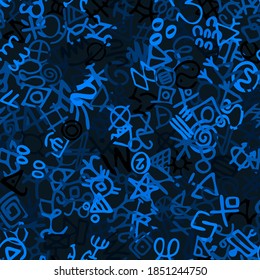 Hand drawn vector seamless pattern with azure blue glyphs mystic symbols. Good for cards, wallpaper, posters, wrapping paper, invitations. Trendy graphic design. Fashionable textile print