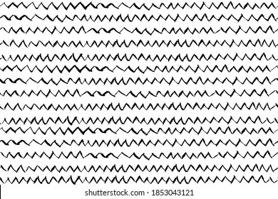 Hand drawn vector seamless pattern with zigzag stripes. Monochrome hand drawn ink texture. Abstract background with zigzag brush strokes. Ornament for wrapping paper. Not cropped, swatch 
