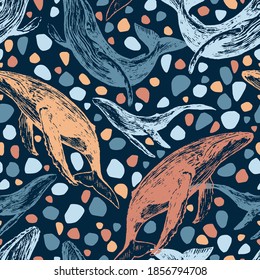 Hand drawn vector seamless pattern of beautiful whales. Ocean animal sketches wallpaper. Abstract retro graphic background. Bright colorful modern design for print, wrapping, decor, textiles, fabric.