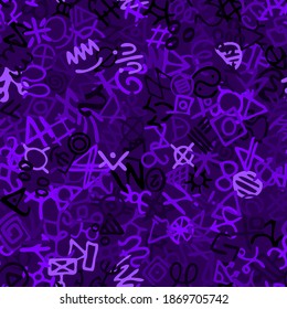 Hand drawn vector seamless pattern with glyphs mystic symbols. Good for cards, wallpaper, posters, wrapping paper, invitations. Trendy graphic design. Fashionable textile print