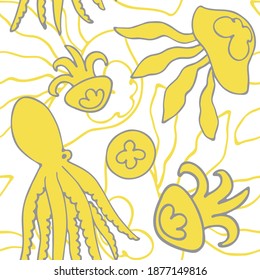 Hand drawn vector seamless pattern with octopuses and jellyfishes on white background. Yellow and gray stock illustration.