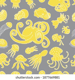 Hand drawn vector seamless pattern with yellow octopuses and jellyfishes on gray background. 