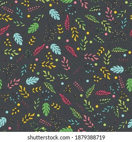 Hand drawn vector seamless pattern with floral elements on a dark background. Vector pattern with leaves, twigs, branches, berries, grass. 