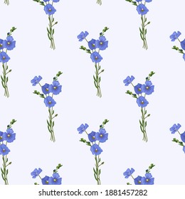 Hand drawn vector seamless pattern of flax plant with flowers