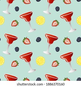 Hand drawn vector seamless pattern of strawberry Margarita alcohol cocktail with a citrus lemon slices and blackberries 