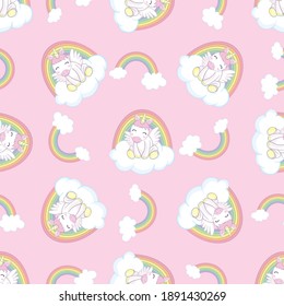 Hand drawn vector seamless pattern with unicorn , clouds and rainbow - color, line art style drawing. Could be used as background, print, wallpaper, wrapping paper and textile ornament.