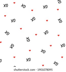 Hand drawn vector seamless pattern with XOXO on red background. Hipster symbols of hugs and kisses. Good for cards, wallpaper, posters, wrapping paper, Valentine's invitations