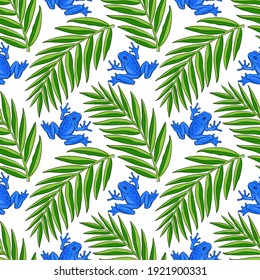 Hand drawn vector seamless pattern with colorful tree frogs isolated on white background. Original stock illustration of amphibians.