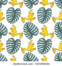 Hand drawn vector seamless pattern with colorful tree frogs and tropical leaves isolated on white background. Original stock illustration of amphibians and plants.