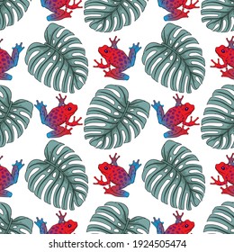 Hand drawn vector of seamless pattern with colorful tree frogs isolated on white background. Original stock illustration of amphibian.