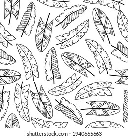 Hand drawn vector seamless pattern with doodles illustrations. Creative feathers. Decorative background.