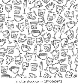 Hand drawn vector seamless pattern with cups and glasses. Decorative background.