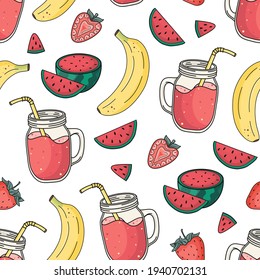 Hand drawn vector seamless pattern with cute watermelon, strawberry, banana and watermelon juice. Funny background for package, wrapping paper, card, fabric, poster, print, gift, menu cafe, restaurant