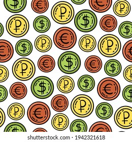 Hand drawn vector seamless pattern with coins. Decorative background. Dollar, euro, ruble.