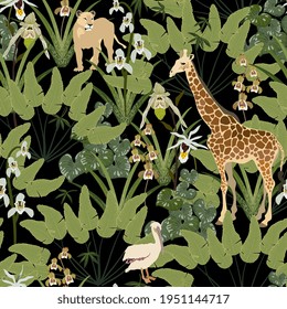 Hand drawn vector seamless pattern. African animals and green leaves on black background. Design for fabric, wrapping paper, wallpaper, invitation card.