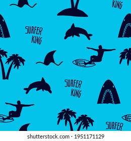 Hand drawn vector seamless pattern. Surfboards palm trees, waves and slogan texts. summer background for textile.
