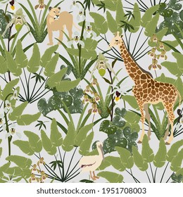 Hand drawn vector seamless pattern. African animals and green leaves on grey background. Design for fabric, wrapping paper, wallpaper, invitation card.