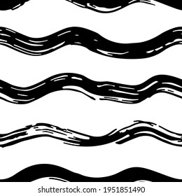 Hand drawn vector seamless pattern with ink waves. Trendy wavy background in black and white. Contemporary vector background for prints, textile, wrapping paper. Brush strokes pattern