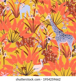 Hand drawn vector seamless pattern. African animals and orange palm leaves on yellow background. Design for fabric, wrapping paper, wallpaper, invitation card.