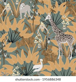Hand drawn vector seamless pattern. African animals and beige leaves on grey background. Design for fabric, wrapping paper, wallpaper, invitation card.