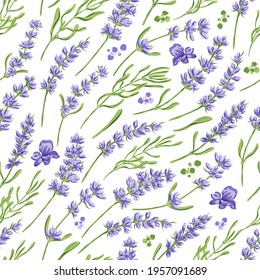 Hand drawn vector seamless pattern in retro style with violet lavender flowers and leaves. Decorative floral background for a wedding or branding design in purple and green colors