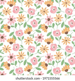 hand drawn vector seamless pattern with flat flowers