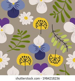 Hand drawn vector seamless pattern with pansy and daisy flowers
