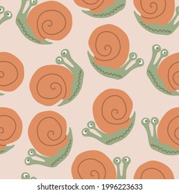 Hand drawn vector seamless pattern with cute childish snails on a pink background
