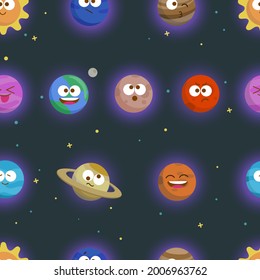 Hand drawn vector seamless pattern with SUN, Earth, Solar system, planets, moon, Mars and Venus. Cosmic ornament on the dark background.