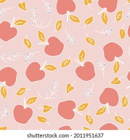Hand drawn vector seamless pattern of red ripe apples, leaves and berries. Perfect for scrapbooking, greeting card, poster, textile and prints. Doodle style illustration for decor and design.

