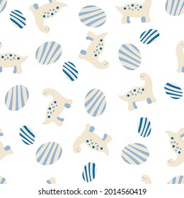 Hand drawn vector seamless pattern of dinosaurs and striped eggs. Perfect for T-shirt, textile and prints. Hand drawn illustration for decor and design.
