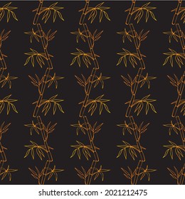 Hand drawn vector seamless pattern with golden contour of bamboo leaves on a black background. For textiles, wrapping paper, wallpaper, cards, notebook covers, bags and backdrop. 