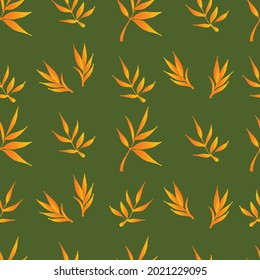 Hand drawn vector seamless pattern with yellow bamboo leaves on a green background. For textiles, wrapping paper, wallpaper, cards, notebook covers, bags and backdrop.
