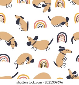 Hand drawn vector seamless pattern of dachshunds and rainbows. Perfect for T-shirt, textile and prints. Doodle style illustration for decor and design.
