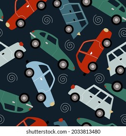 Hand drawn vector seamless pattern with cute doodle kids cars