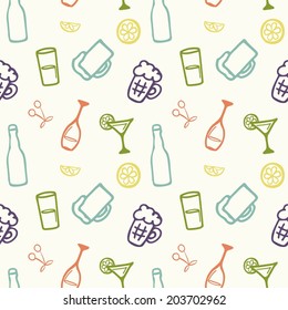 Hand drawn vector seamless pattern (background) with wine glasses, beer mugs, bottles, martini glasses.