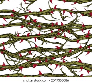 Hand Drawn Vector Seamless Pattern Of Tangled Horizontal Briar Patch With Stems And Thorns.