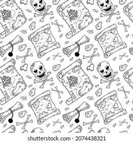 Hand drawn vector seamless pattern with skupp, pirate map. Children coloring page, outline ornament