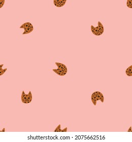 Hand drawn vector seamless pattern with cute wild cats on the pink background. Naive style pattern for children things. 