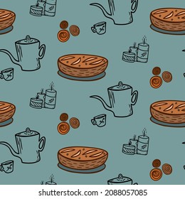 Hand drawn vector seamless pattern. Cooking pattern. Pattern for wrapping paper, textile. Illustration of cozy autumn evening with delicious meal. 