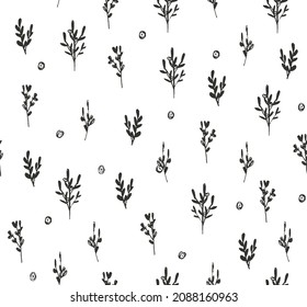 Hand drawn vector seamless pattern with floral elements. Hand drawn black brunches upon white background. Simple botanical pattern for backgrounds, packaging, textile, fabric, interior design