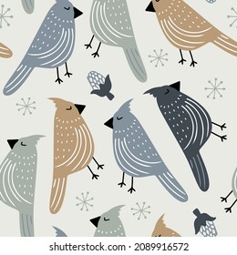 Hand drawn vector seamless pattern with different birds in Scandinavian style