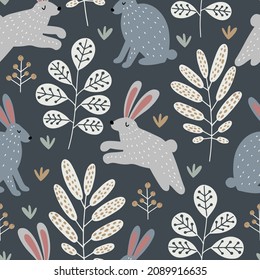 Hand drawn vector seamless pattern with gray rabbits or hares in the woods in Scandinavian style