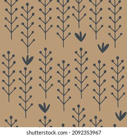 Hand drawn vector seamless pattern with folk style branches in minimalistic Scandinavian style