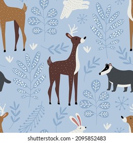 Hand drawn vector seamless pattern with forest folk like deer, badger and hare and botanical motif in Scandinavian style